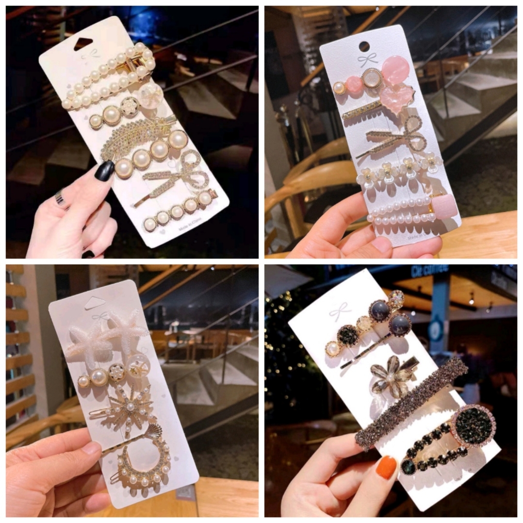 韩国小香风发夹珍珠山茶花边夹复古小熊闪钻发卡套装五件套发饰