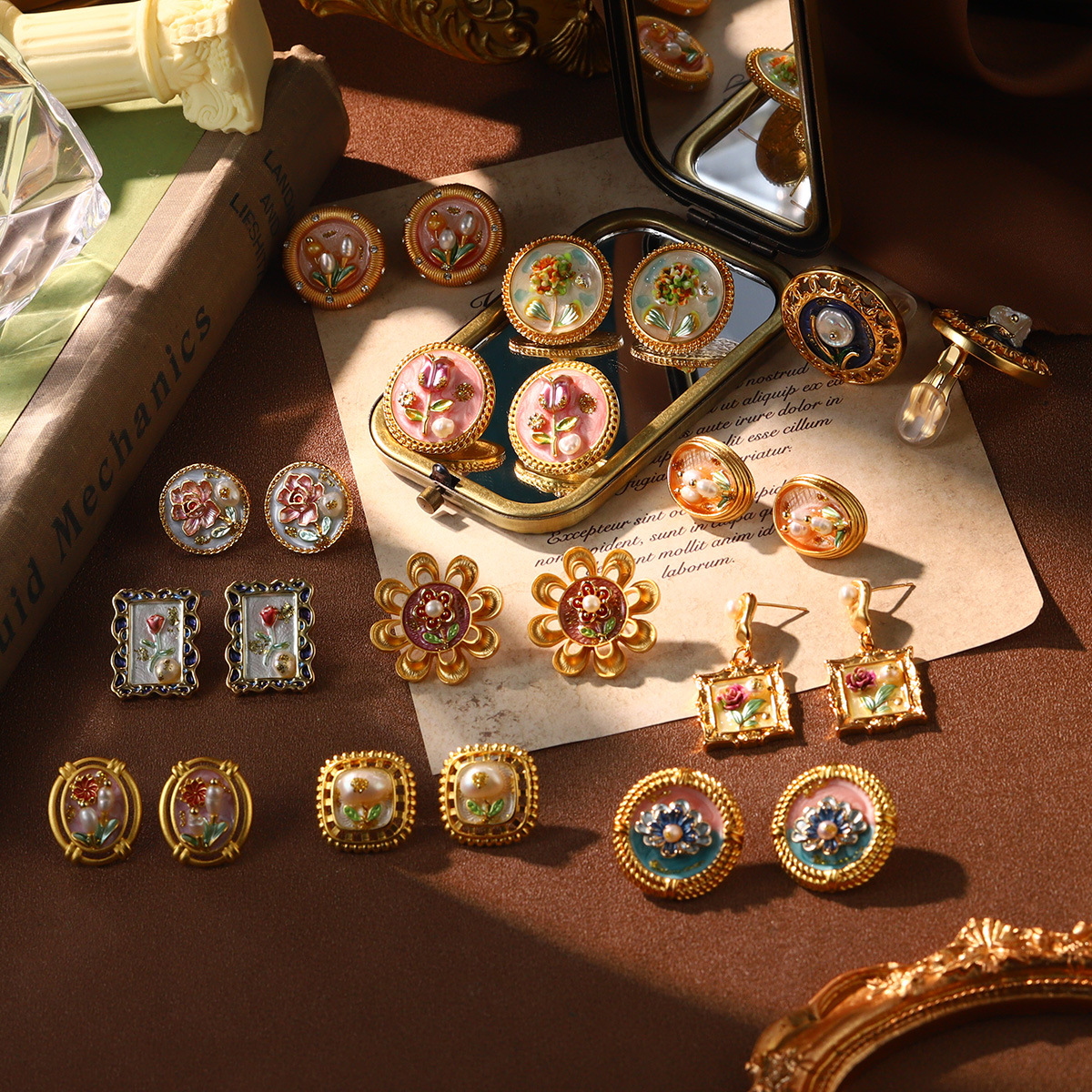 莫奈油画耳环天然珍珠珐琅耳饰法式宫廷风高级感耳夹小众饰品